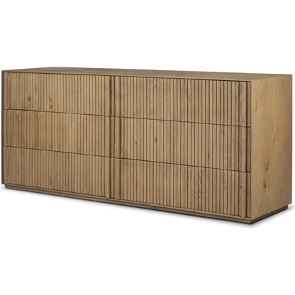 Leo 6 Drawer Dresser by Four Hands in rustic light natural oak, rustic light natural oak veneer. Made from solid oak, thick oak veneer in a transitional style.