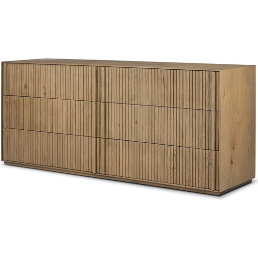 Leo 6 Drawer Dresser by Four Hands in rustic light natural oak, rustic light natural oak veneer. Made from solid oak, thick oak veneer in a transitional style.