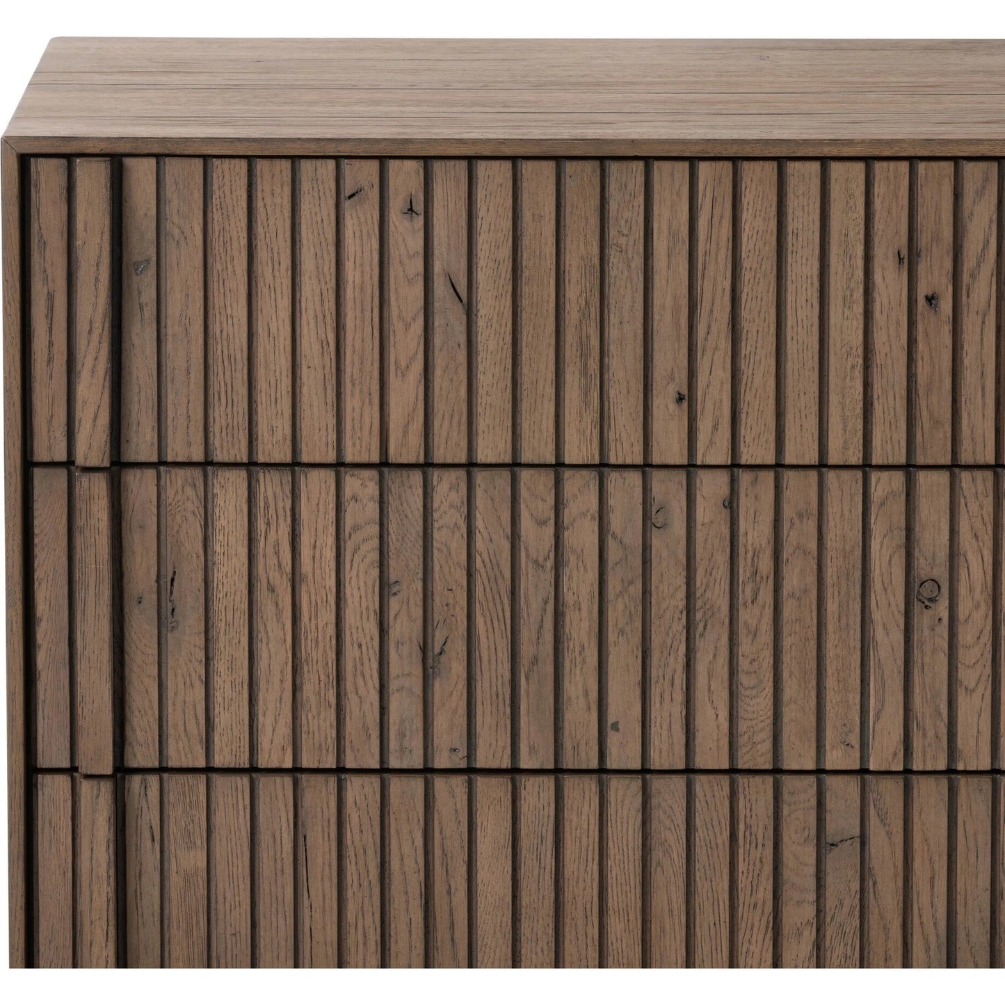 005 SI-2137463 | Closeup | Leo Nightstand by Four Hands in rustic grey. Made from solid oak, thick oak veneer in a modern style.