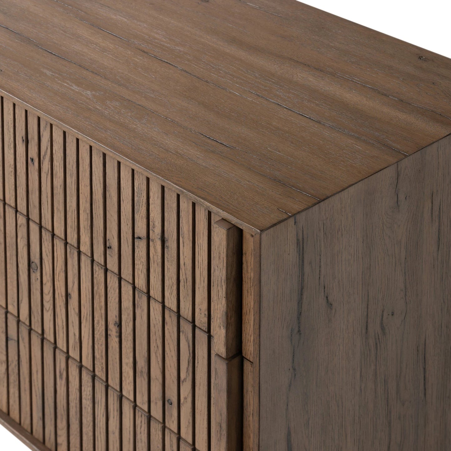 008 SI-2137463 | Closeup | Leo Nightstand by Four Hands in rustic grey. Made from solid oak, thick oak veneer in a modern style.
