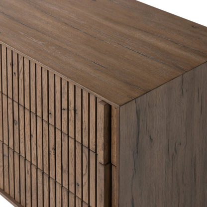 Leo Nightstand by Four Hands in rustic grey. Made from solid oak, thick oak veneer in a modern style.