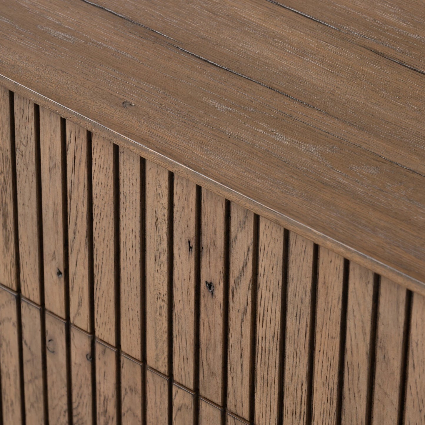 009 SI-2137463 | Closeup | Leo Nightstand by Four Hands in rustic grey. Made from solid oak, thick oak veneer in a modern style.