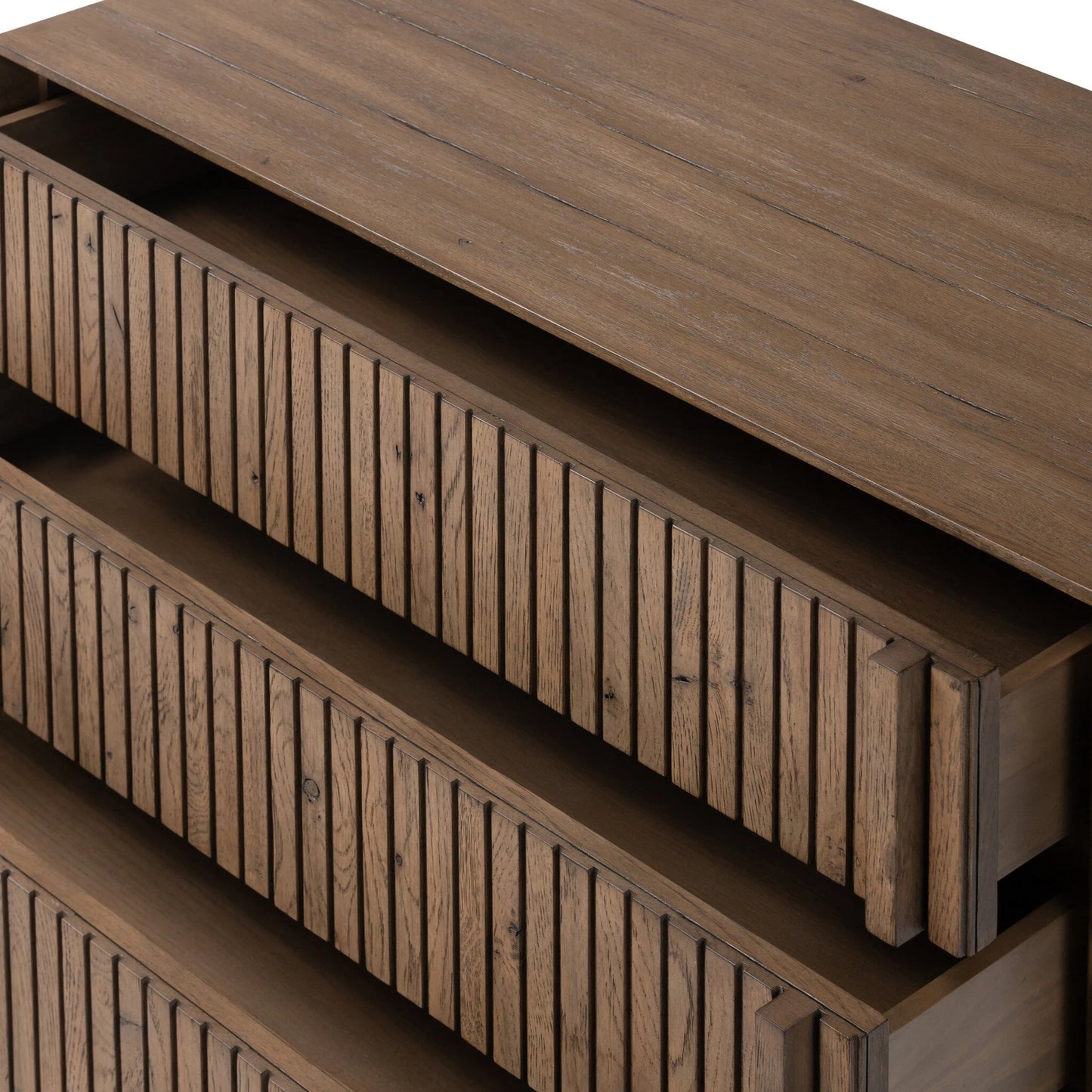 010 SI-2137463 | Closeup | Leo Nightstand by Four Hands in rustic grey. Made from solid oak, thick oak veneer in a modern style.