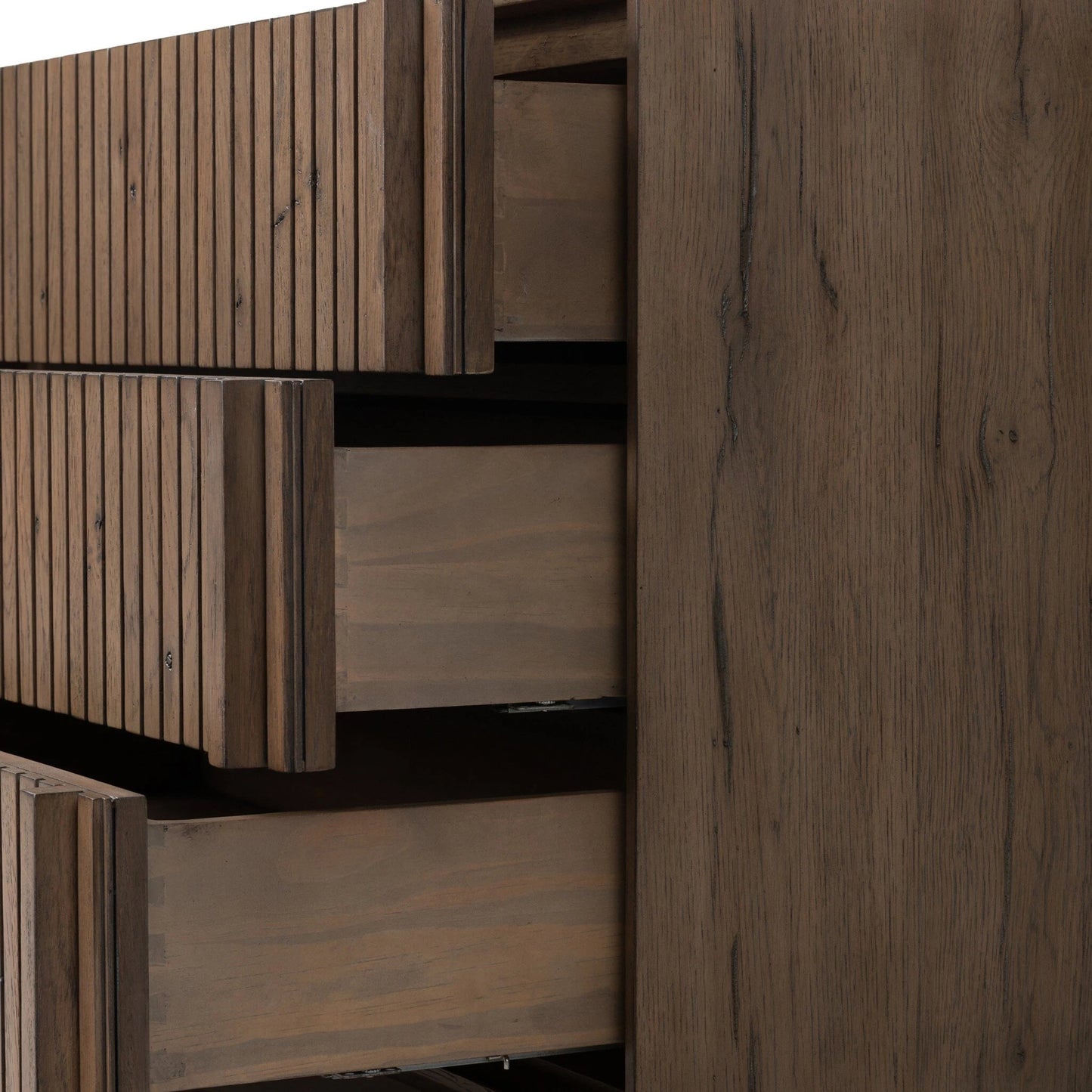 011 SI-2137463 | Closeup | Leo Nightstand by Four Hands in rustic grey. Made from solid oak, thick oak veneer in a modern style.