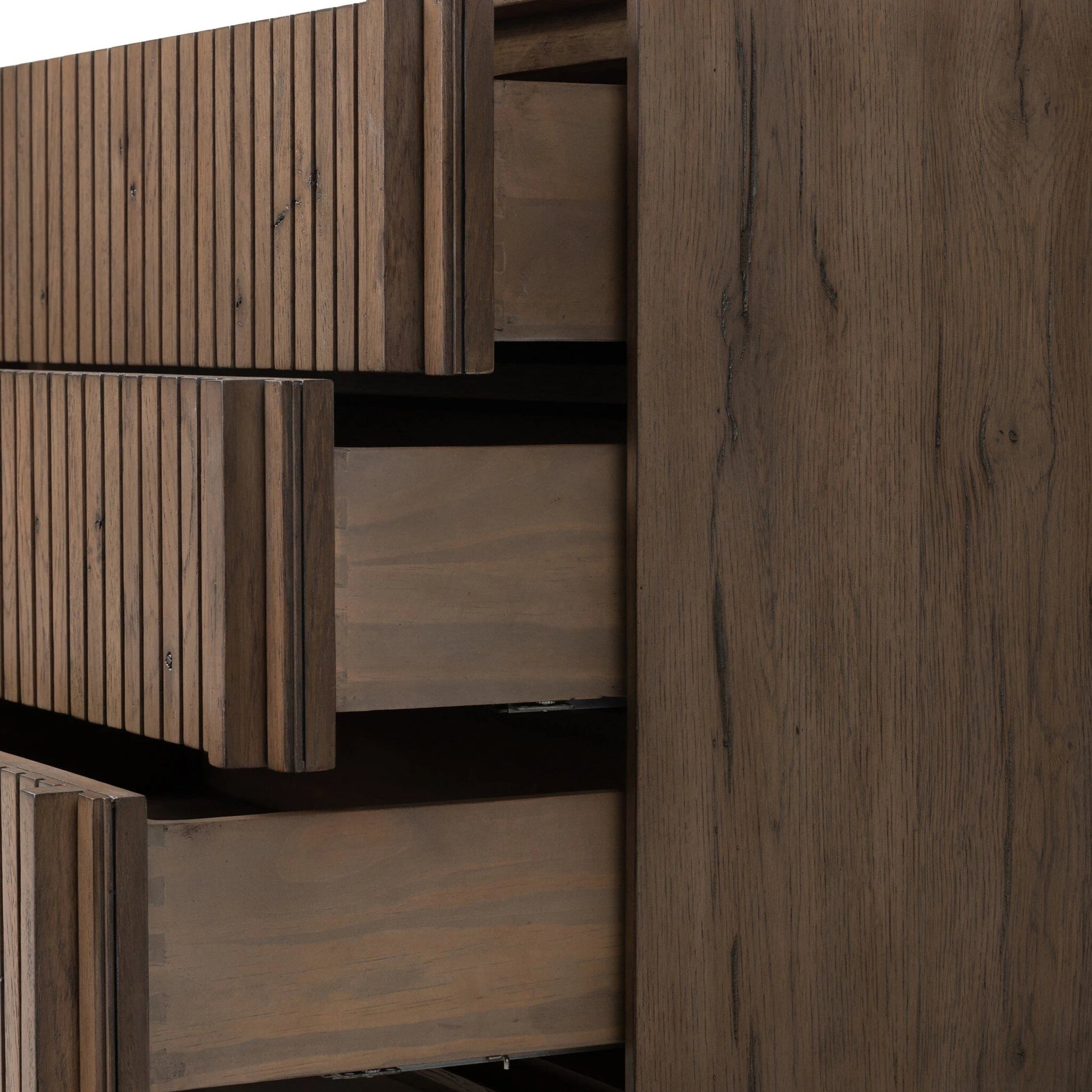 Leo Nightstand by Four Hands in rustic grey. Made from solid oak, thick oak veneer in a modern style.