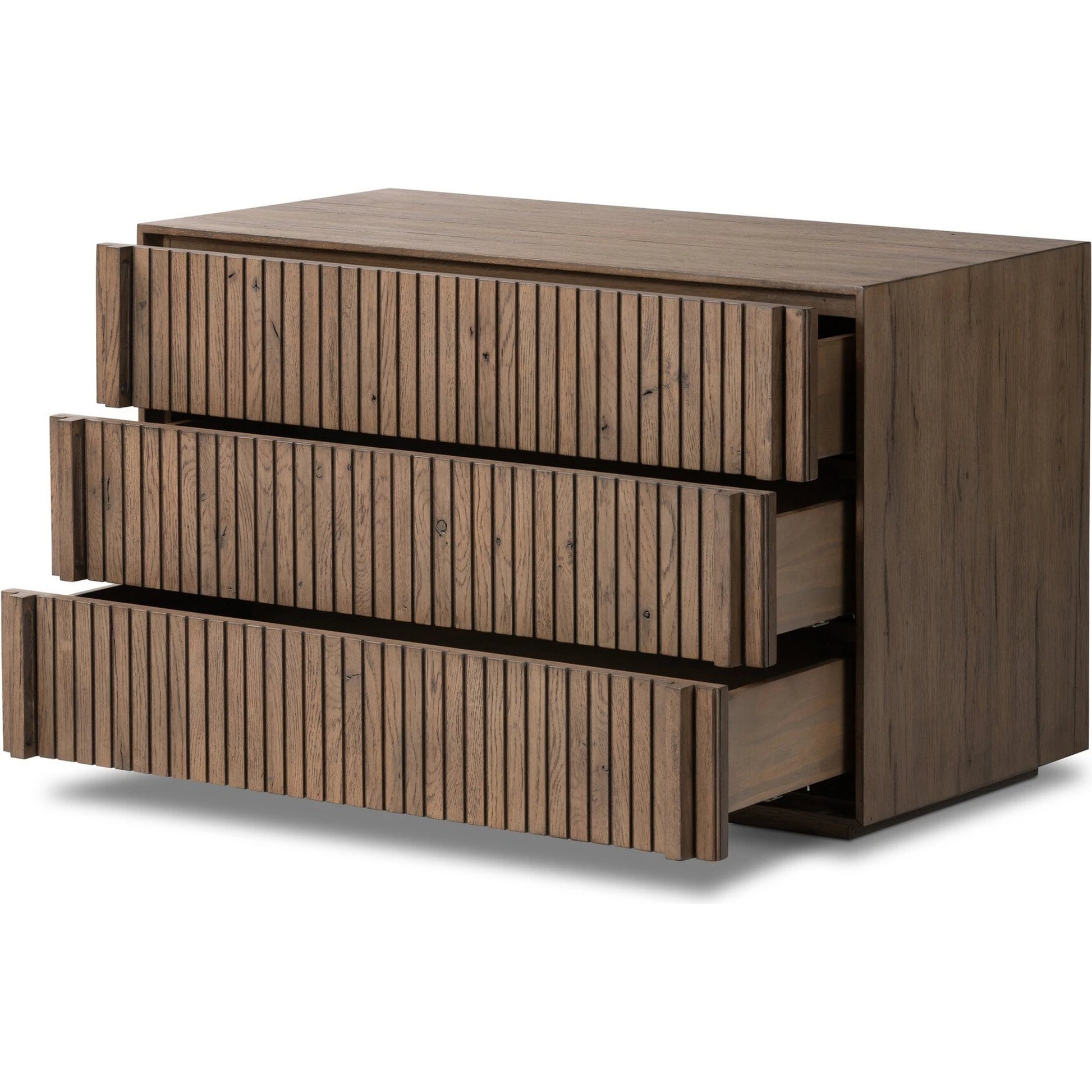 Leo Nightstand by Four Hands in rustic grey. Made from solid oak, thick oak veneer in a modern style.