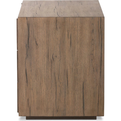 Leo Nightstand by Four Hands in rustic grey. Made from solid oak, thick oak veneer in a modern style.