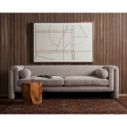 Mitchell Sofa by Four Hands in piermont sand. Made from 100% polyester, eucalyptus plywood, 100% polypropylene in a transitional style.