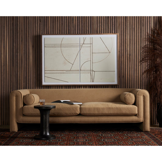 Mitchell Sofa by Four Hands in piermont sand. Made from 100% polyester, eucalyptus plywood, 100% polypropylene in a transitional style.