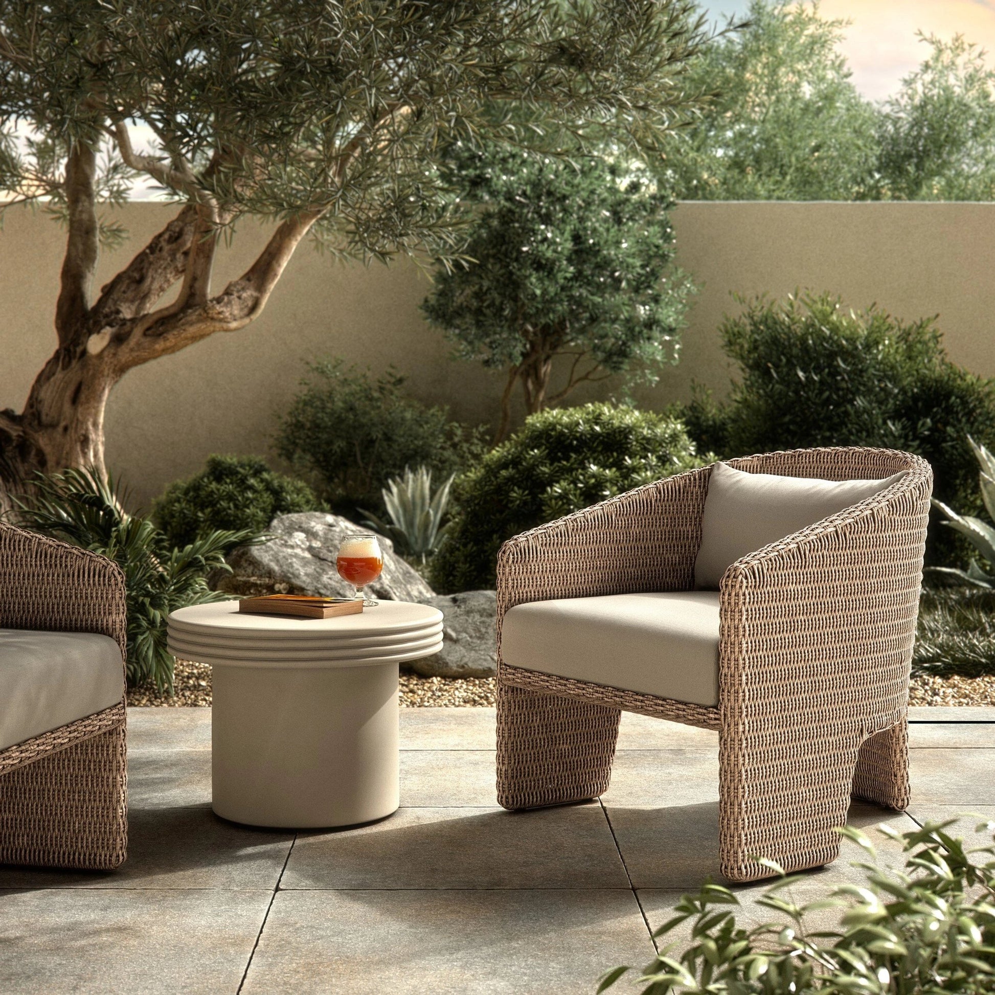 Fae Outdoor Chair by Four Hands in stinson white. Made from 100% olefin, 100% polyethylene, 91% polyurethane foam pad, 9% polyester fiber batting in a modern style.