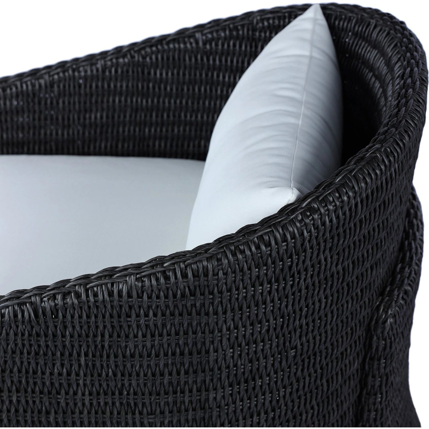 023 SI-2137313 | Closeup | Fae Outdoor Chair by Four Hands in stinson white. Made from 100% olefin, 100% polyethylene, 91% polyurethane foam pad, 9% polyester fiber batting in a modern style.
