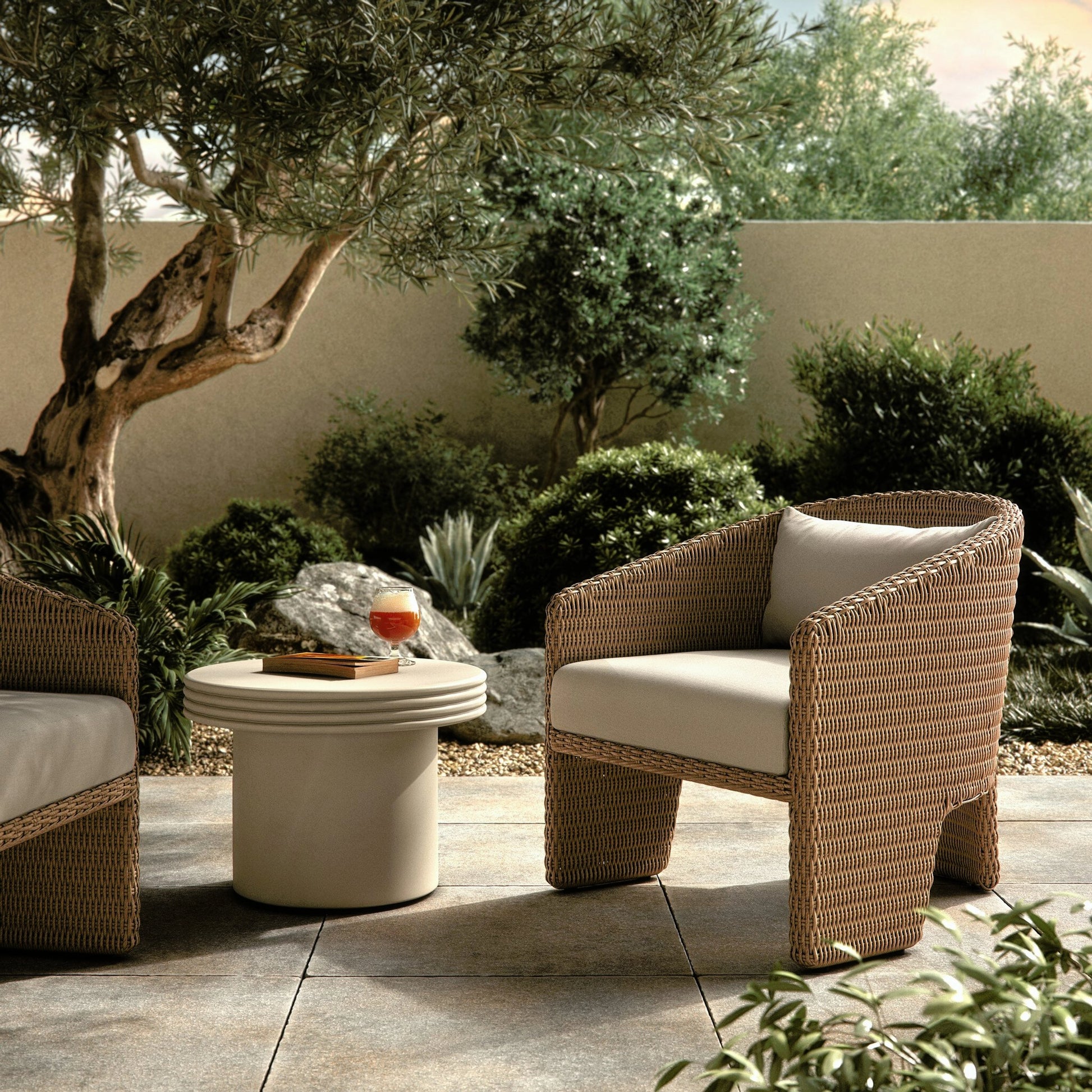 Fae Outdoor Chair by Four Hands in stinson white. Made from 100% olefin, 100% polyethylene, 91% polyurethane foam pad, 9% polyester fiber batting in a modern style.