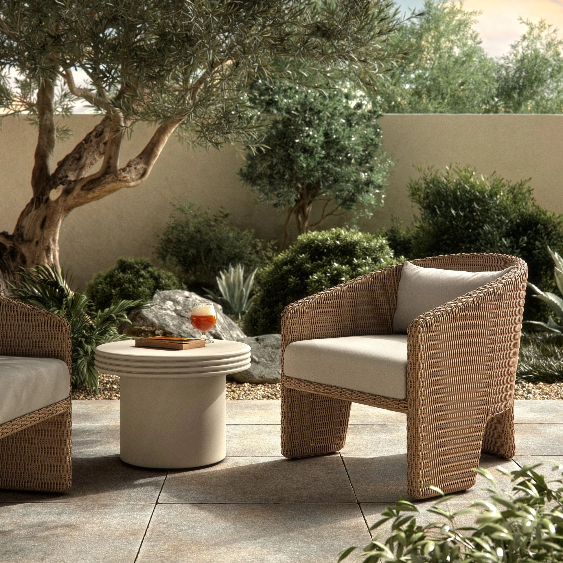 Fae Outdoor Chair by Four Hands in stinson white. Made from 100% olefin, 100% polyethylene, 91% polyurethane foam pad, 9% polyester fiber batting in a modern style.
