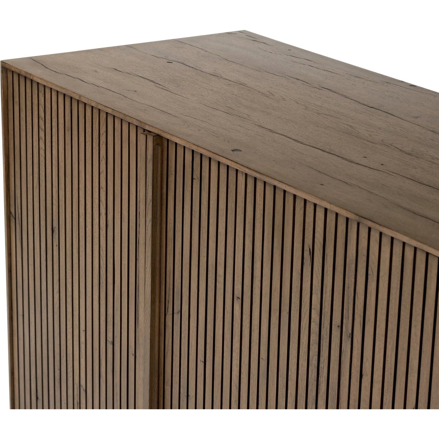 009 SI-2137464 | Closeup | Leo Sideboard by Four Hands in rustic grey. Made from thick oak veneer, solid oak in a modern style.