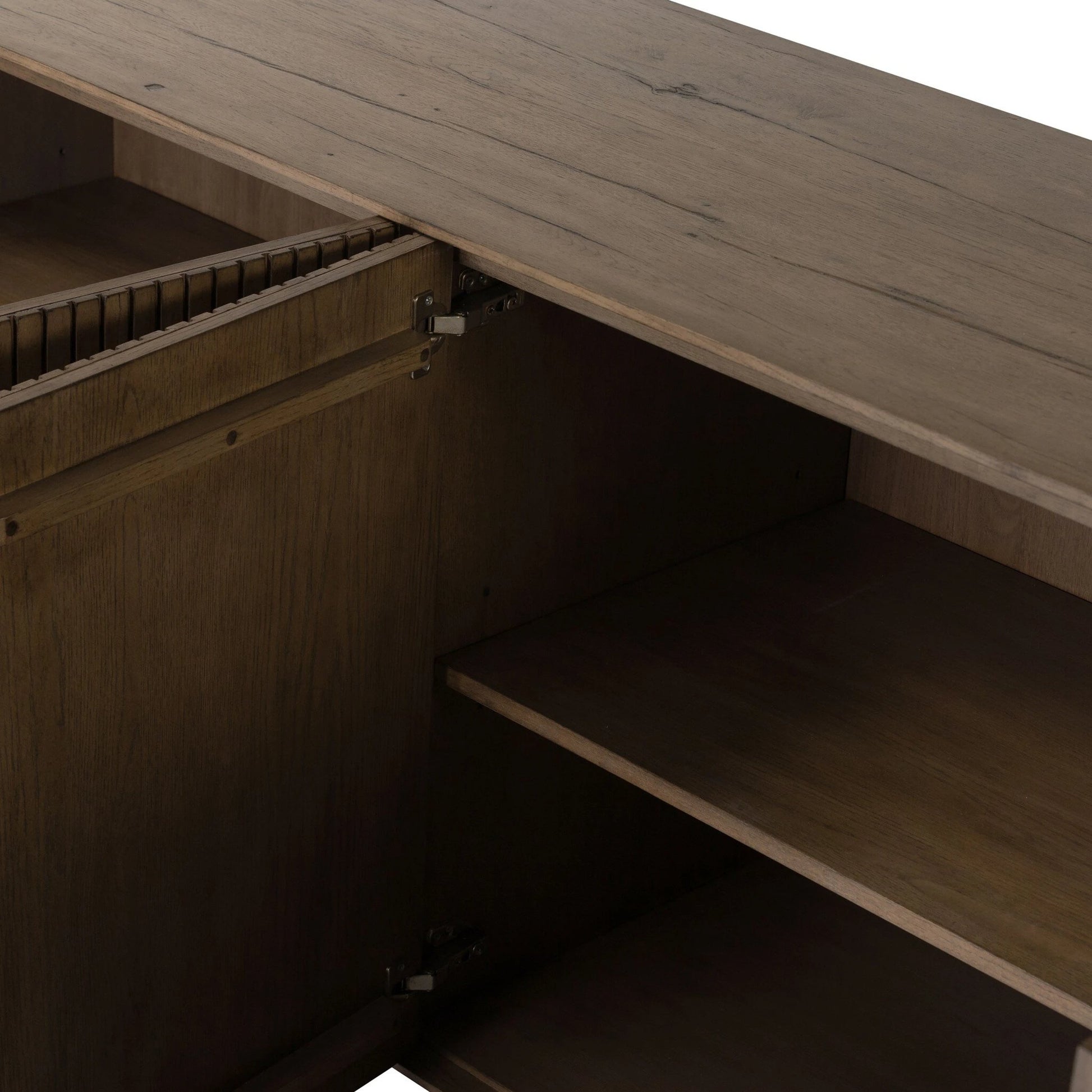Leo Sideboard by Four Hands in rustic grey. Made from thick oak veneer, solid oak in a modern style.