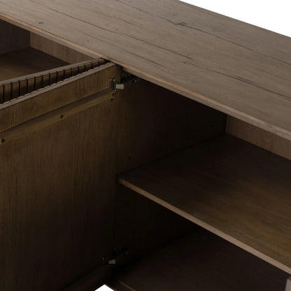 Leo Sideboard by Four Hands in rustic grey. Made from thick oak veneer, solid oak in a modern style.