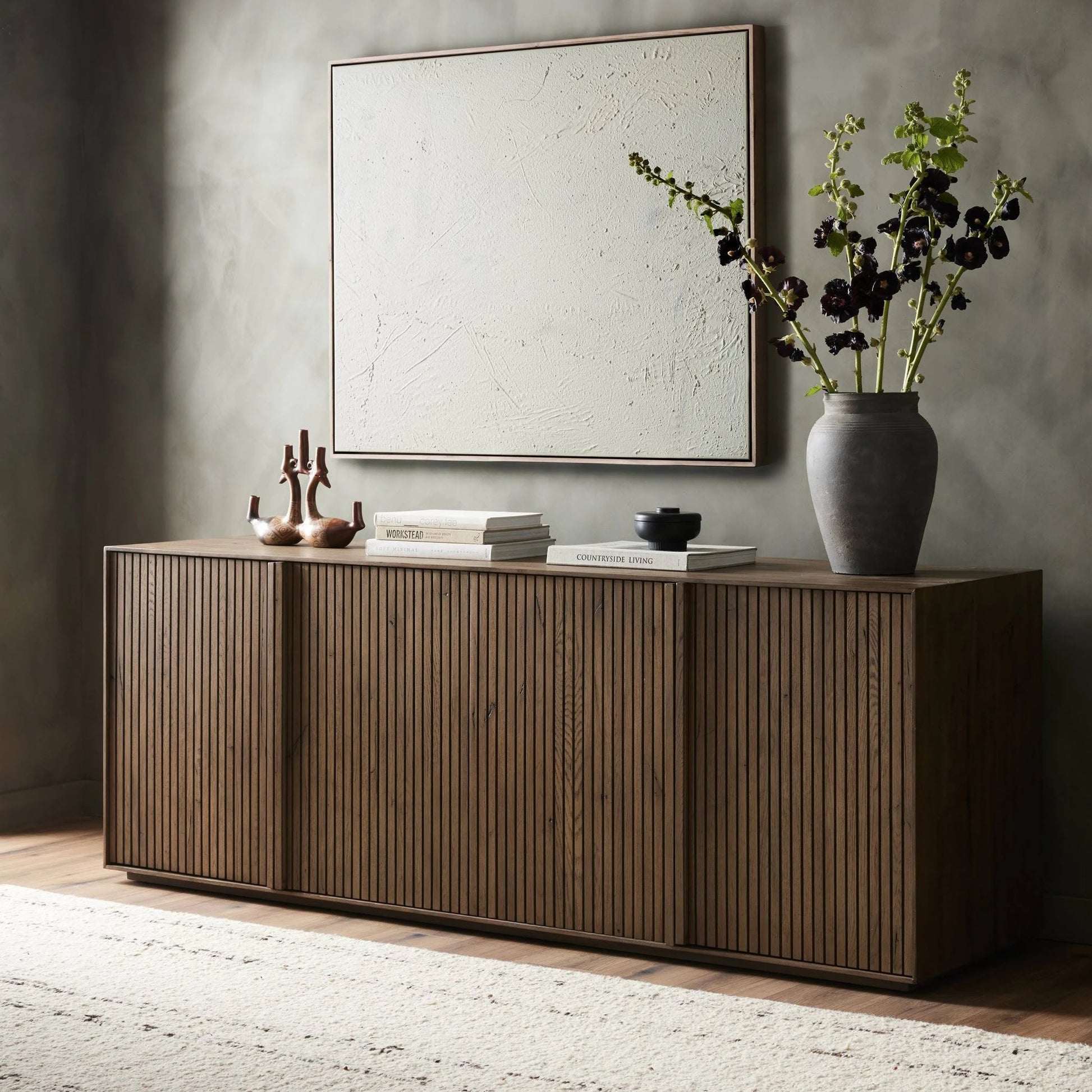 Leo Sideboard by Four Hands in rustic grey. Made from thick oak veneer, solid oak in a modern style.