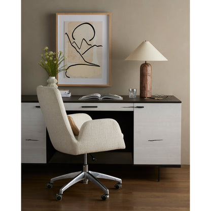 Leda Desk Chair by Four Hands in palermo nude, omari natural. Made from aluminum, 79% polyester, 16% viscose (rayon), 5% flax, linen, top grain leather in a transitional style.