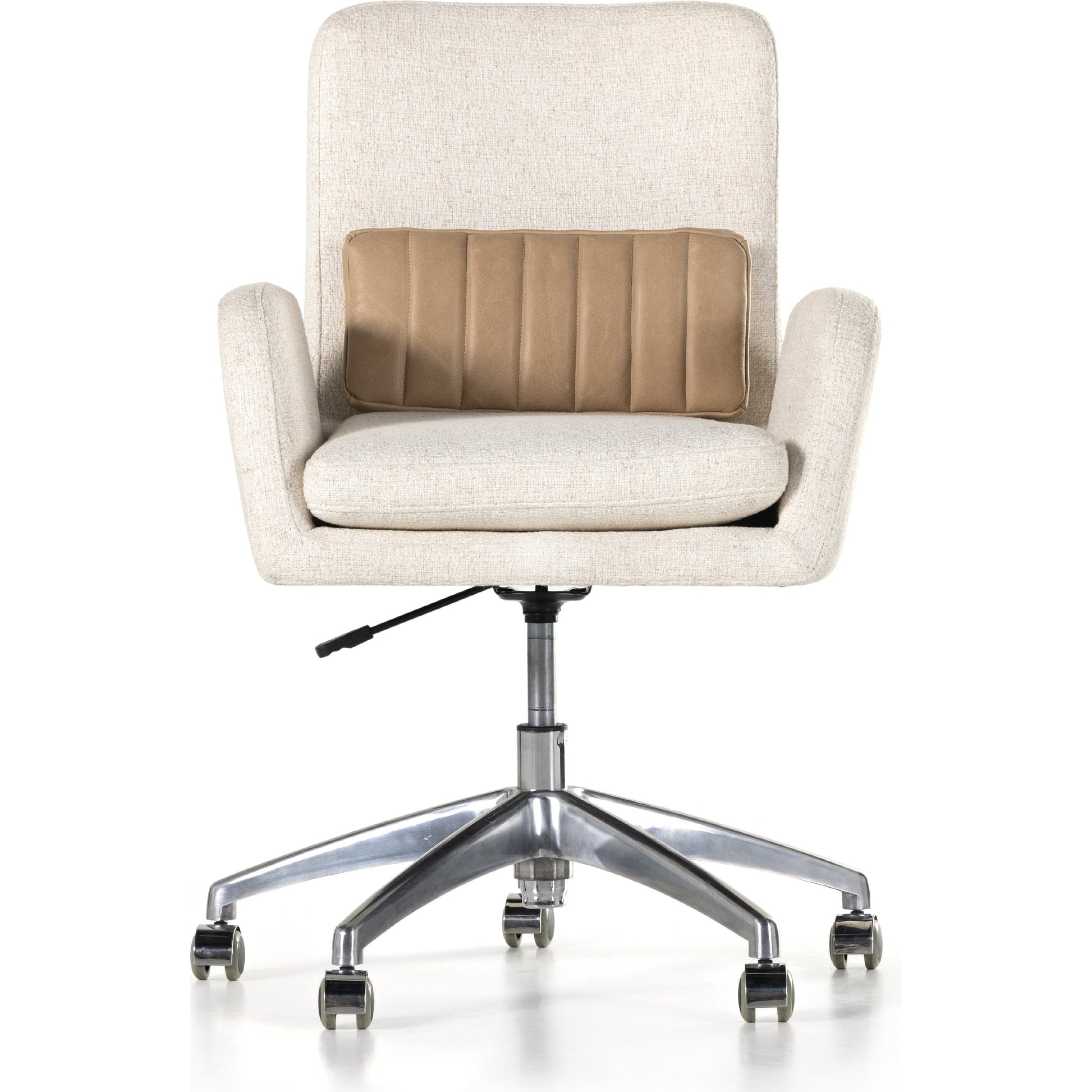 Leda Desk Chair by Four Hands in palermo nude, omari natural. Made from aluminum, 79% polyester, 16% viscose (rayon), 5% flax, linen, top grain leather in a transitional style.