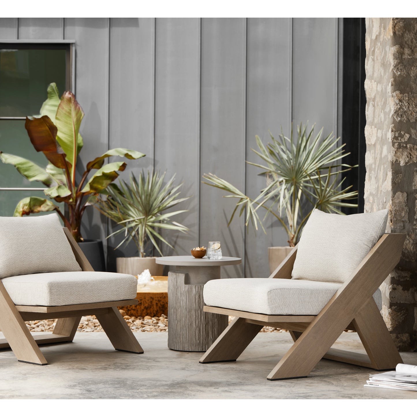 011 SI-1901997 | Lifestyle | Huron Outdoor End Table by Four Hands in flint. Made from concrete in a modern style.