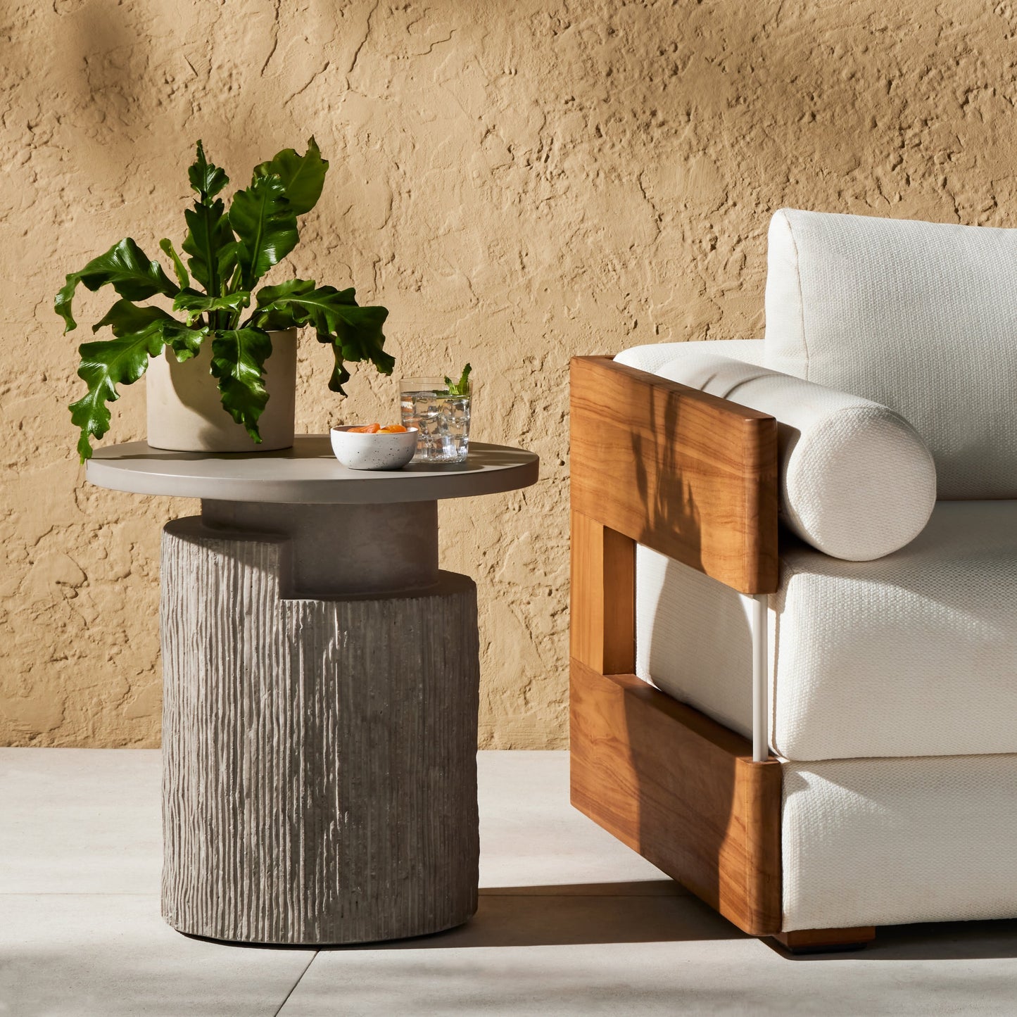 010 SI-1901997 | Lifestyle | Huron Outdoor End Table by Four Hands in flint. Made from concrete in a modern style.