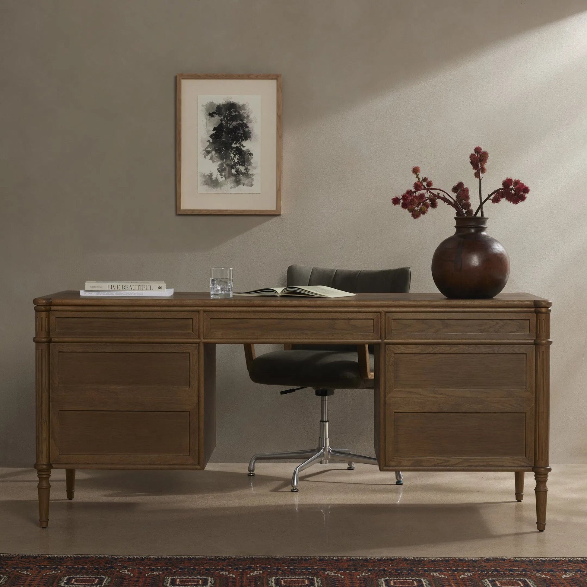 Toulouse Executive Desk by Four Hands. Made from solid oak, oak veneer in a modern style.