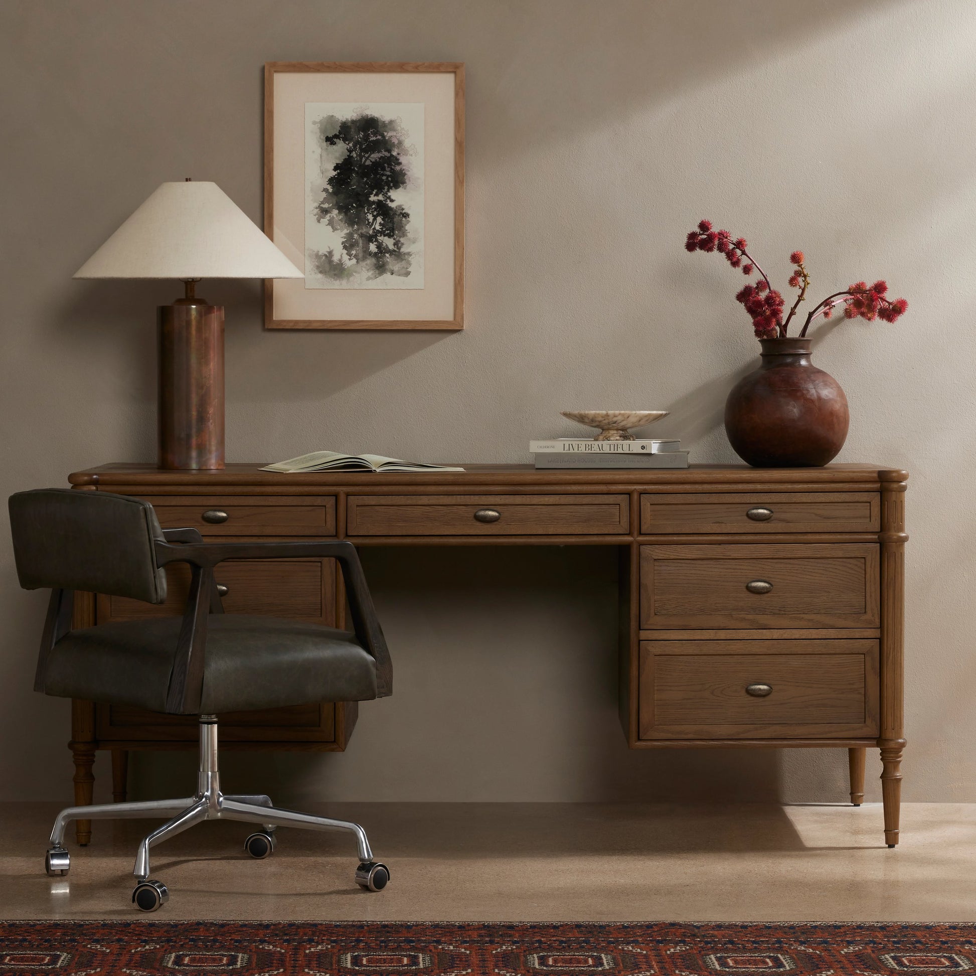Toulouse Executive Desk by Four Hands. Made from solid oak, oak veneer in a modern style.