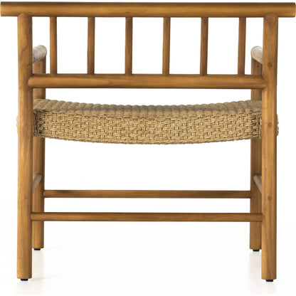 Larsen Outdoor Chair by Four Hands in natural teak, natural hyacinth. Made from solid fsc®-certified teak, 100% polyethylene in a coastal style.