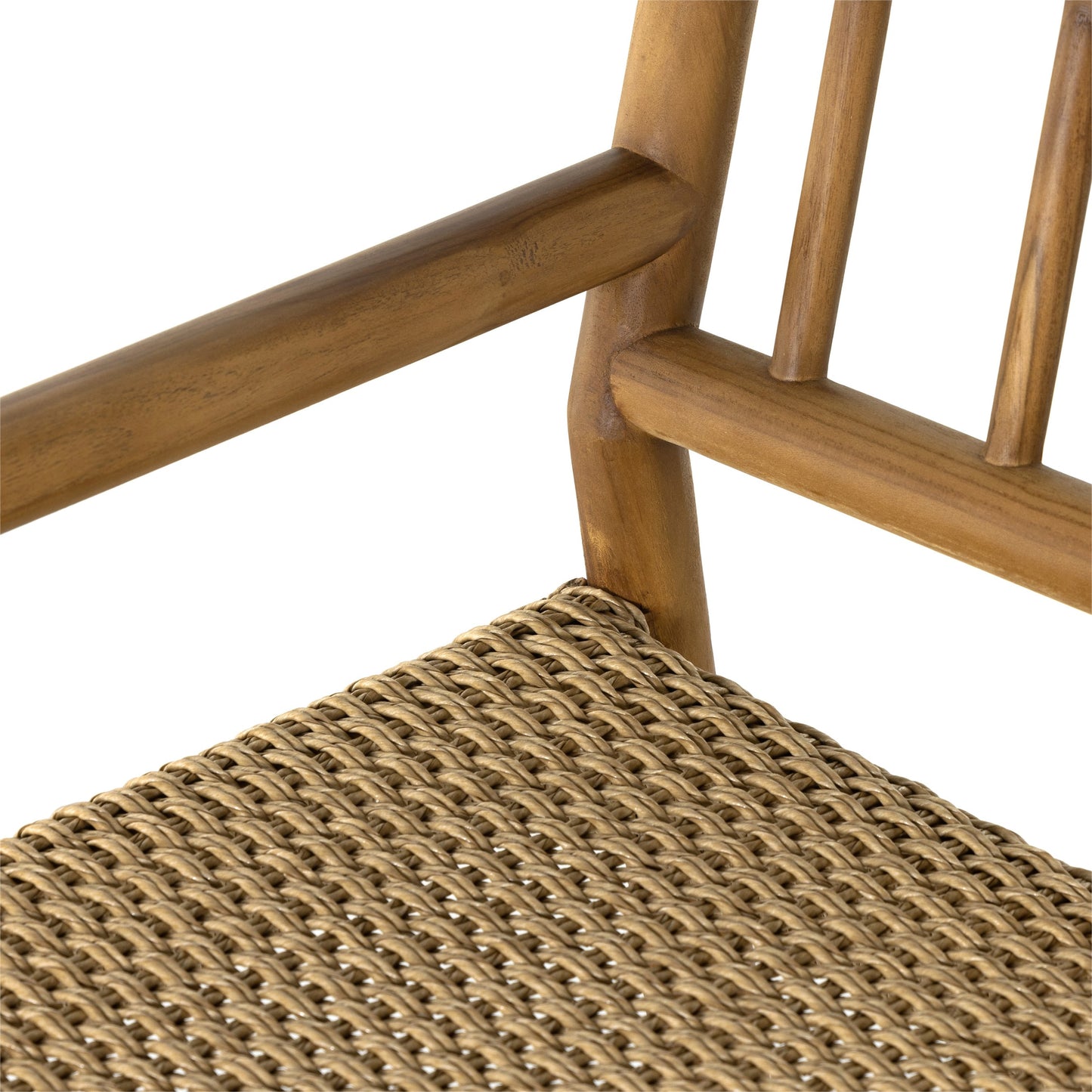 008 SI-1902835 | Closeup | Larsen Outdoor Chair by Four Hands in natural teak, natural hyacinth. Made from solid fsc®-certified teak, 100% polyethylene in a coastal style.