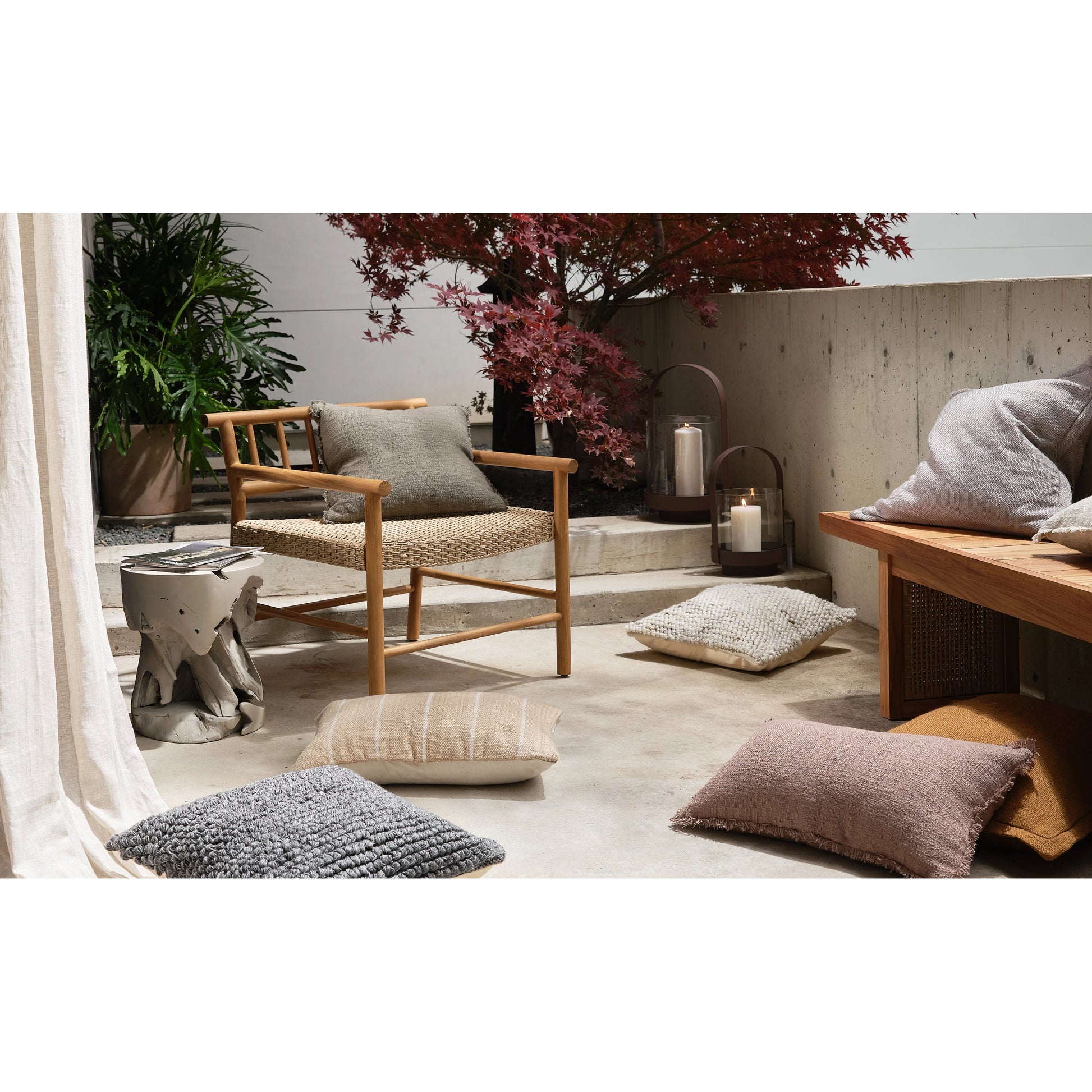 Larsen Outdoor Chair by Four Hands in natural teak, natural hyacinth. Made from solid fsc®-certified teak, 100% polyethylene in a coastal style.