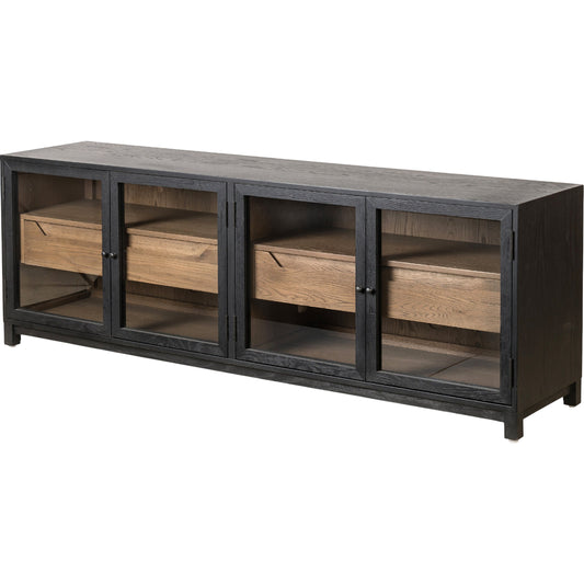 Millie Media Console by Four Hands in tempered glass, drifted black, drifted oak and matte black, drifted oak. Made from solid oak, tempered glass in a transitional style.
