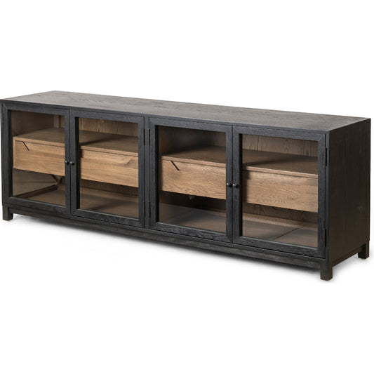 Millie Media Console by Four Hands in tempered glass, drifted black, drifted oak and matte black, drifted oak. Made from solid oak, tempered glass in a transitional style.