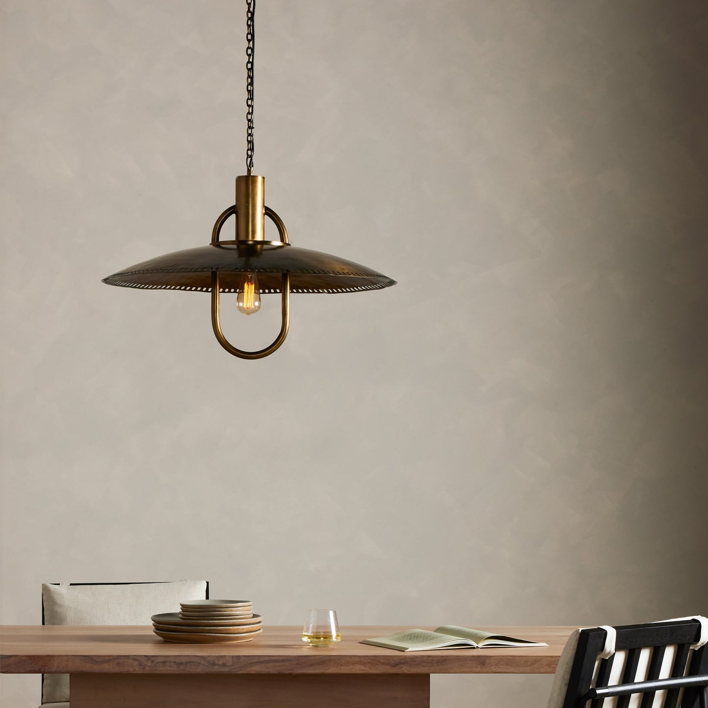 009 SI-1901383 | Lifestyle | Arely Pendant by Four Hands in dark antique brass. Made from iron, thermoplastic, brass in a transitional style.
