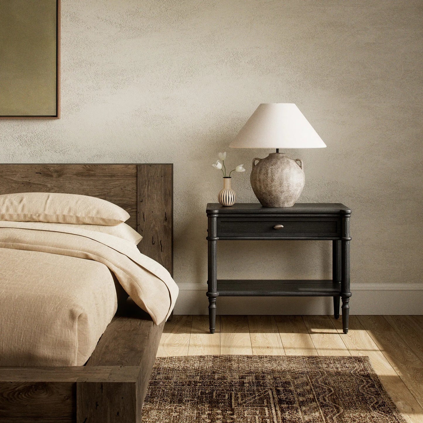 027 SI-1977875 | Lifestyle | Toulouse Nightstand by Four Hands. Made from solid oak, oak veneer, zinc alloy in a modern style.