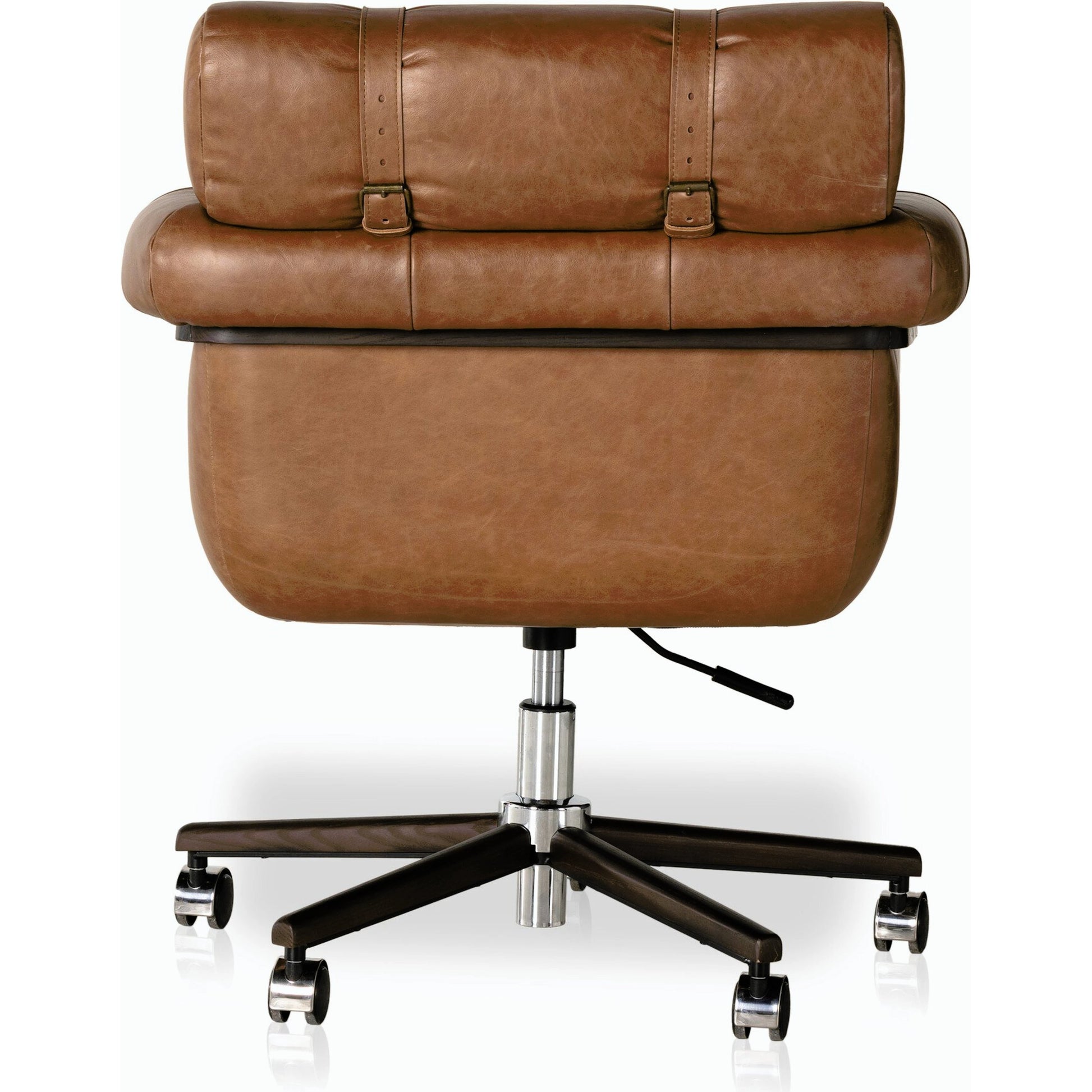 Arnold Desk Chair by Four Hands in polished aluminum, mocha ash, sonoma chestnut and mocha ash, sonoma chestnut. Made from top grain leather, solid ash in a transitional style.