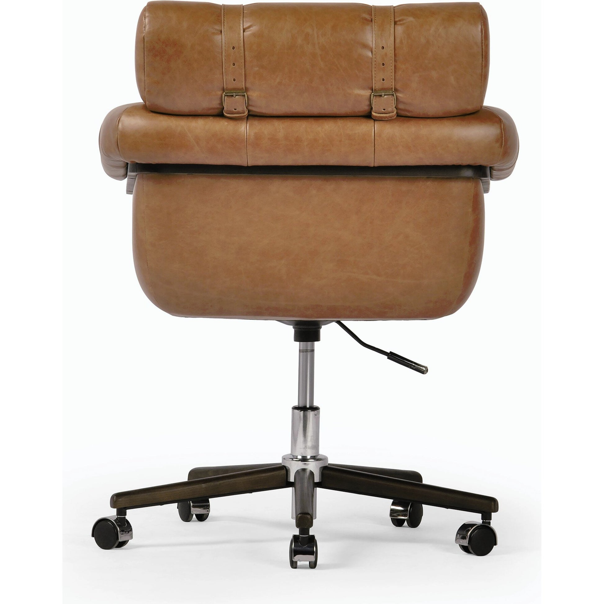 Arnold Desk Chair by Four Hands in polished aluminum, mocha ash, sonoma chestnut and mocha ash, sonoma chestnut. Made from top grain leather, solid ash in a transitional style.