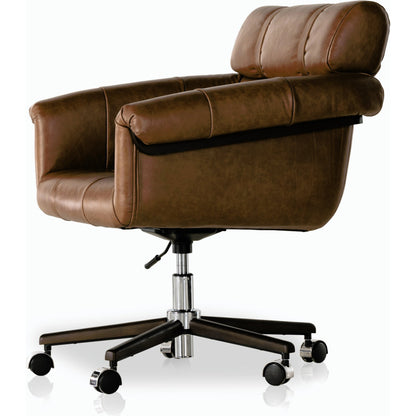 Arnold Desk Chair by Four Hands in polished aluminum, mocha ash, sonoma chestnut and mocha ash, sonoma chestnut. Made from top grain leather, solid ash in a transitional style.