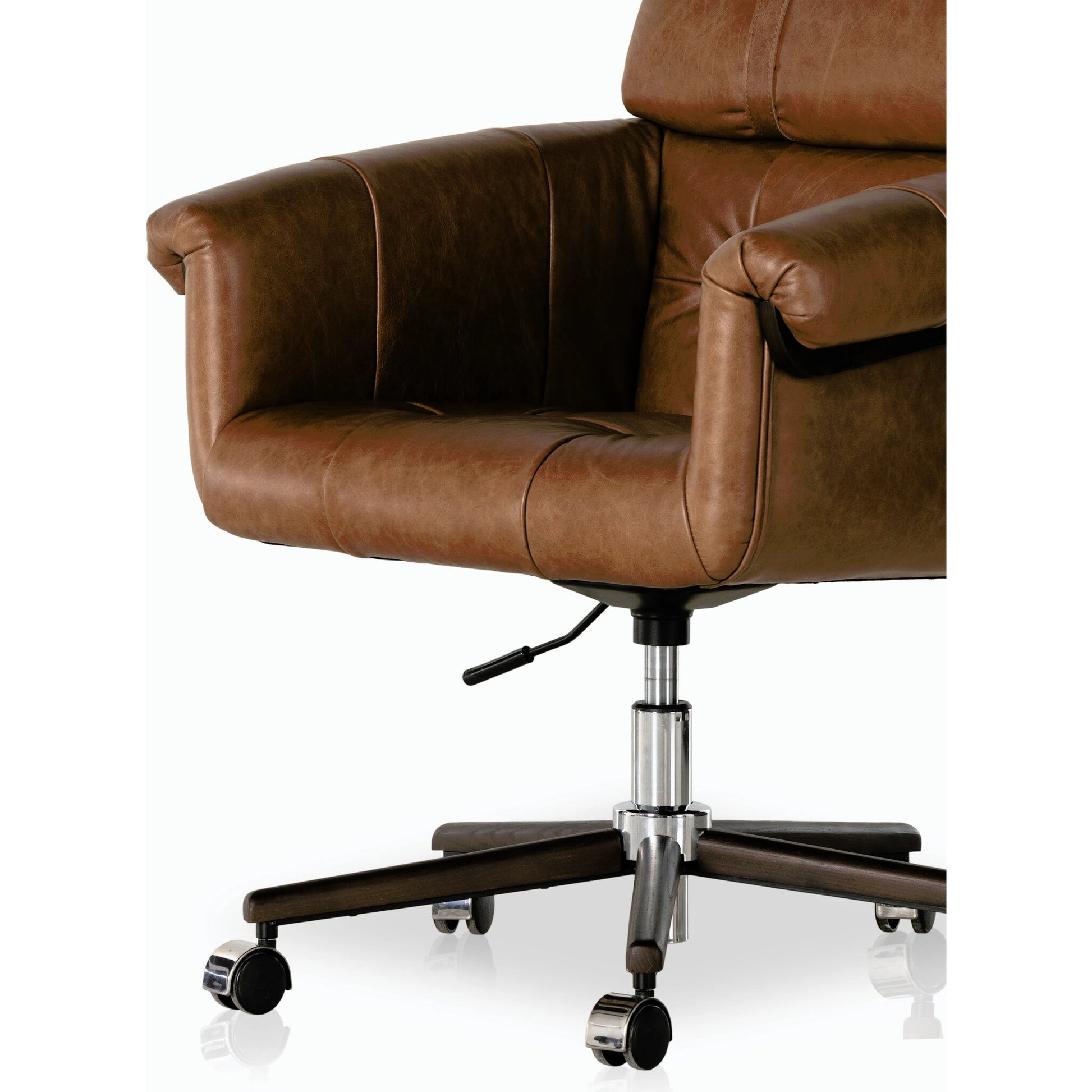 Arnold Desk Chair by Four Hands in polished aluminum, mocha ash, sonoma chestnut and mocha ash, sonoma chestnut. Made from top grain leather, solid ash in a transitional style.