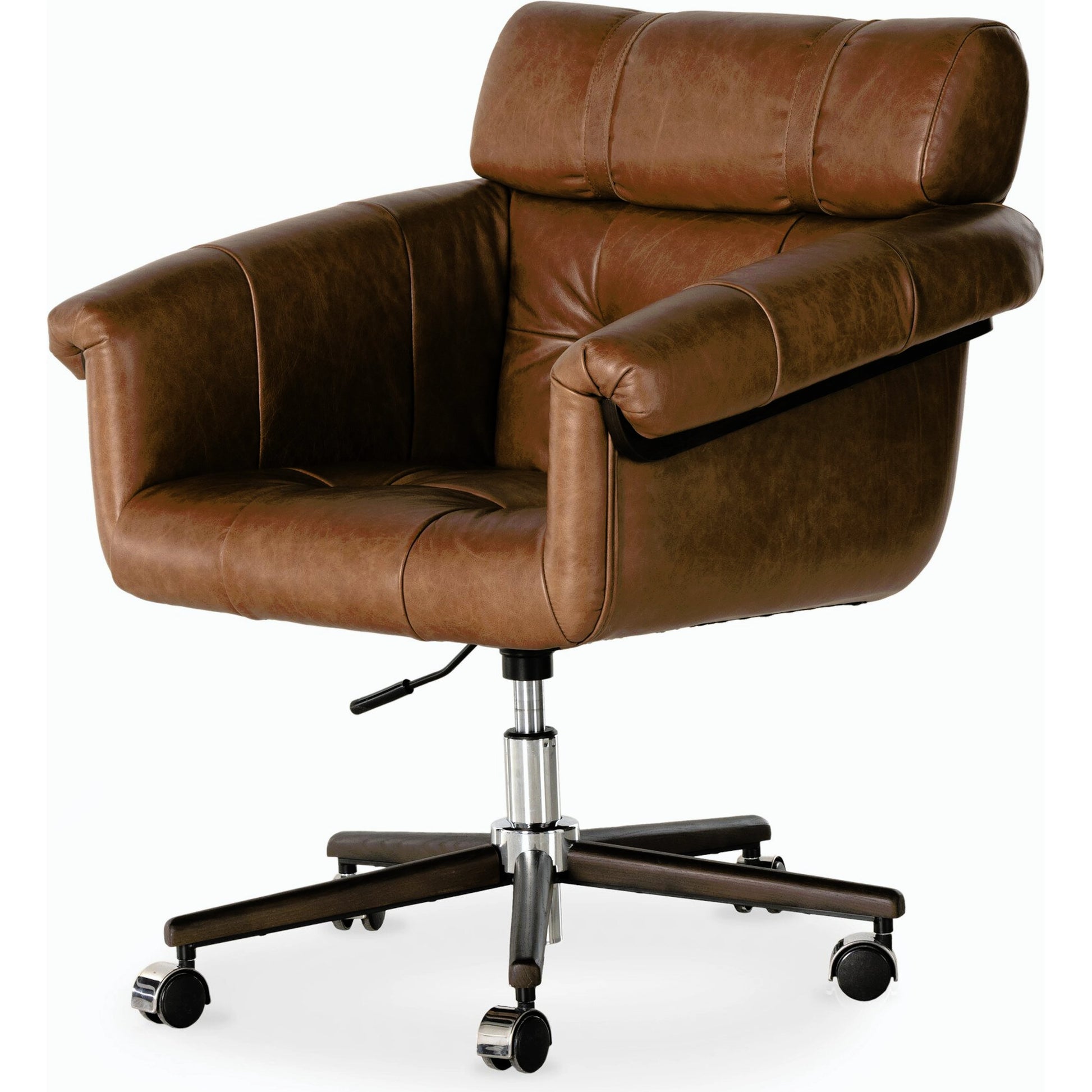Arnold Desk Chair by Four Hands in polished aluminum, mocha ash, sonoma chestnut and mocha ash, sonoma chestnut. Made from top grain leather, solid ash in a transitional style.