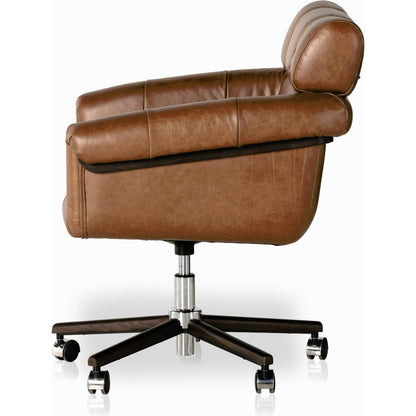 Arnold Desk Chair by Four Hands in polished aluminum, mocha ash, sonoma chestnut and mocha ash, sonoma chestnut. Made from top grain leather, solid ash in a transitional style.