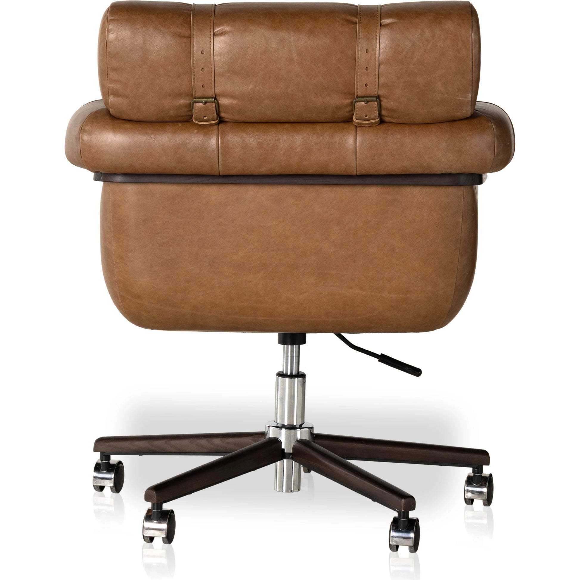 Arnold Desk Chair by Four Hands in polished aluminum, mocha ash, sonoma chestnut and mocha ash, sonoma chestnut. Made from top grain leather, solid ash in a transitional style.