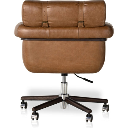 Arnold Desk Chair by Four Hands in polished aluminum, mocha ash, sonoma chestnut and mocha ash, sonoma chestnut. Made from top grain leather, solid ash in a transitional style.