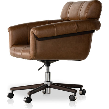 Arnold Desk Chair by Four Hands in polished aluminum, mocha ash, sonoma chestnut and mocha ash, sonoma chestnut. Made from top grain leather, solid ash in a transitional style.