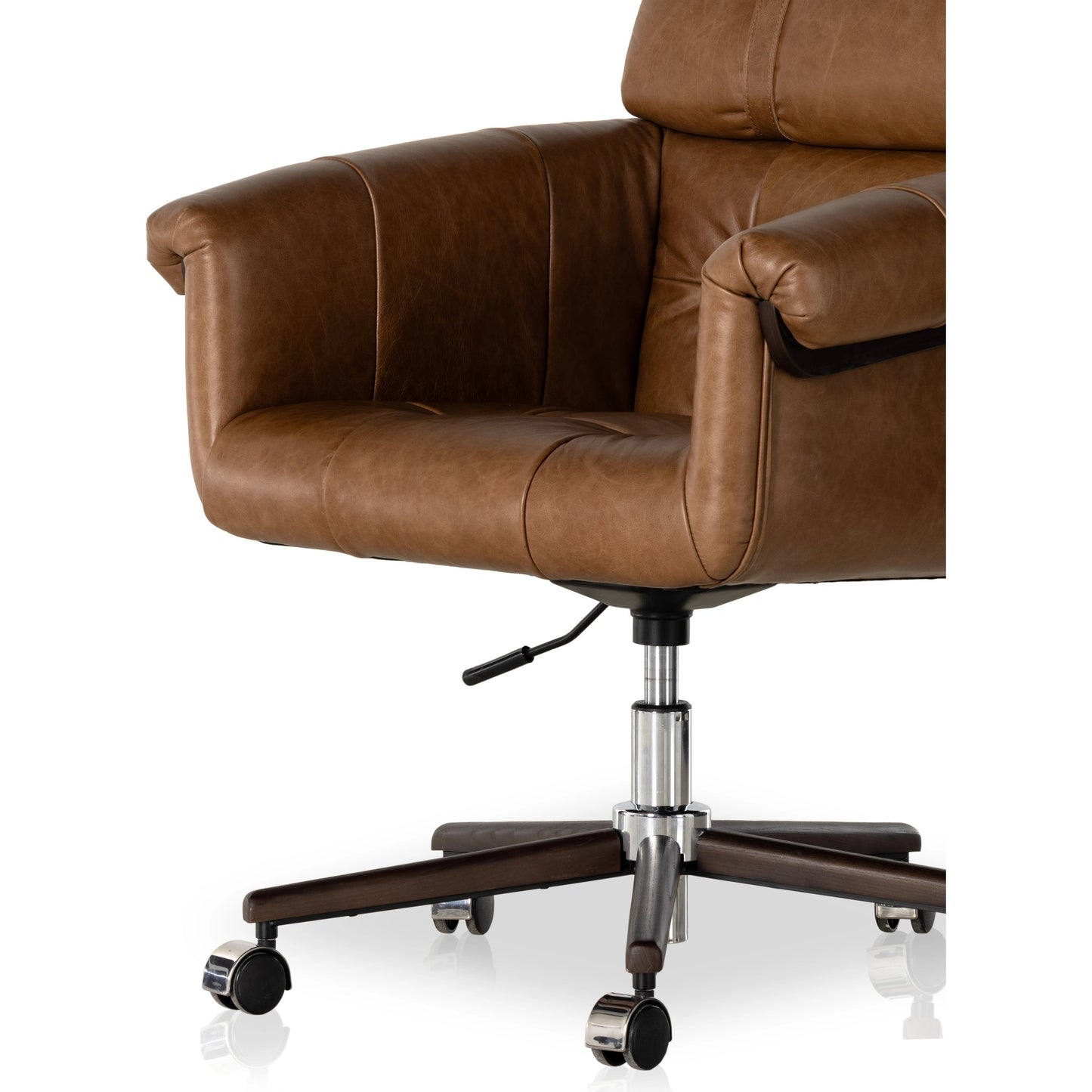 009 SI-1977052 | Closeup | Arnold Desk Chair by Four Hands in polished aluminum, mocha ash, sonoma chestnut and mocha ash, sonoma chestnut. Made from top grain leather, solid ash in a transitional style.