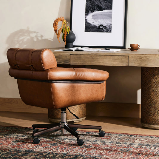 Arnold Desk Chair by Four Hands in polished aluminum, mocha ash, sonoma chestnut and mocha ash, sonoma chestnut. Made from top grain leather, solid ash in a transitional style.