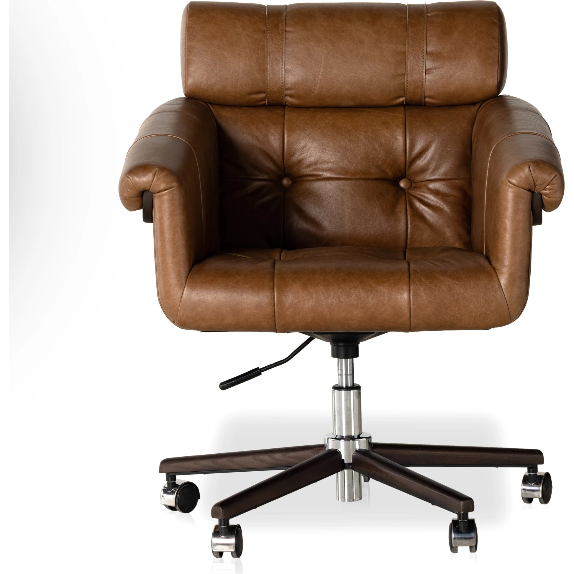 Arnold Desk Chair by Four Hands in polished aluminum, mocha ash, sonoma chestnut and mocha ash, sonoma chestnut. Made from top grain leather, solid ash in a transitional style.