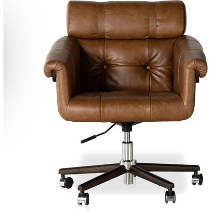 Arnold Desk Chair by Four Hands in polished aluminum, mocha ash, sonoma chestnut and mocha ash, sonoma chestnut. Made from top grain leather, solid ash in a transitional style.
