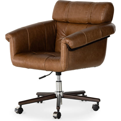 Arnold Desk Chair by Four Hands in polished aluminum, mocha ash, sonoma chestnut and mocha ash, sonoma chestnut. Made from top grain leather, solid ash in a transitional style.