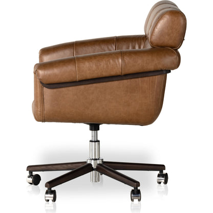 Arnold Desk Chair by Four Hands in polished aluminum, mocha ash, sonoma chestnut and mocha ash, sonoma chestnut. Made from top grain leather, solid ash in a transitional style.