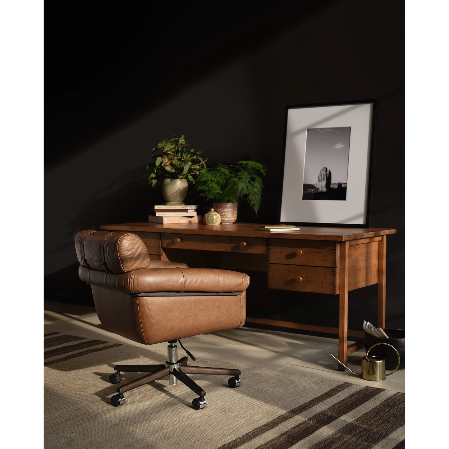 012 SI-1977052 | Lifestyle | Arnold Desk Chair by Four Hands in polished aluminum, mocha ash, sonoma chestnut and mocha ash, sonoma chestnut. Made from top grain leather, solid ash in a transitional style.
